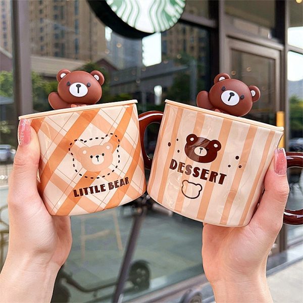 Mug With Lid Couple Little Bear Ceramic Water Cup Girls Creative Breakfast Cup