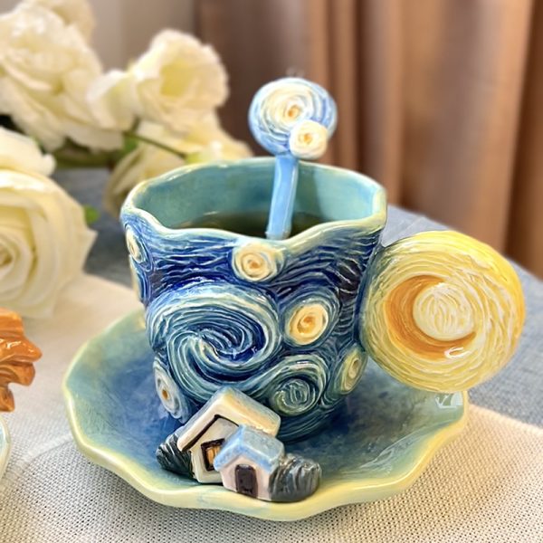 Hand-Painted Van Gogh-inspired Poetic Starry Sky Mug Ceramic Cup And Saucer Set Coffee Mug Tea Cup Set