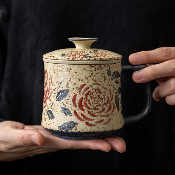 Rose, Blue-and-white Porcelain, Flint-red Office Mug For Tea