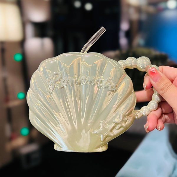 Good-looking Pearl Shell Ceramic Cup For Girlfriend High-grade Straw Mug