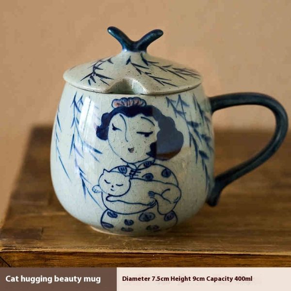 Hand Painted Blue And White Underglaze Mug With Lid