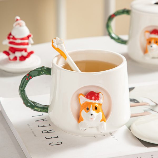 Ceramic Creative Cute Christmas Style Corgi Mug With Cover Spoon