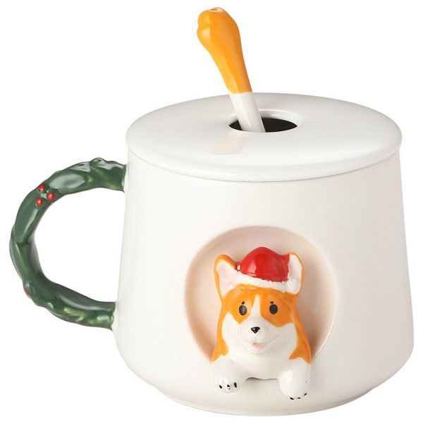 Ceramic Creative Cute Christmas Style Corgi Mug With Cover Spoon