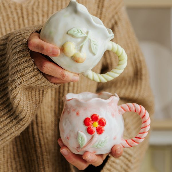Hand Painted Embossed Flower Ceramic Mug