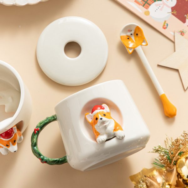 Ceramic Creative Cute Christmas Style Corgi Mug With Cover Spoon