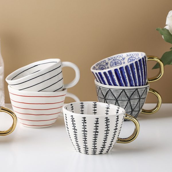 Japanese Geometric Hand-pinched Irregular Wide-mouth Ceramic Mug