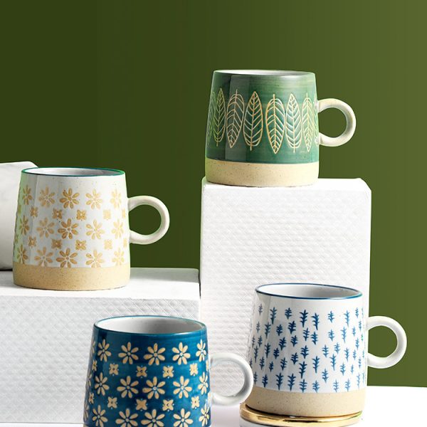 Retro Pastoral Water Cup Embossed Stoneware Mug