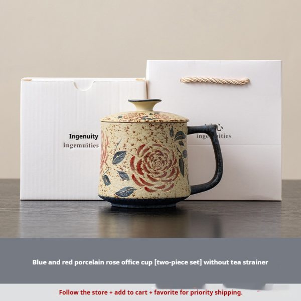 Rose, Blue-and-white Porcelain, Flint-red Office Mug For Tea