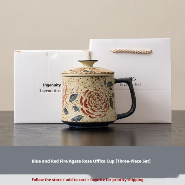Rose, Blue-and-white Porcelain, Flint-red Office Mug For Tea