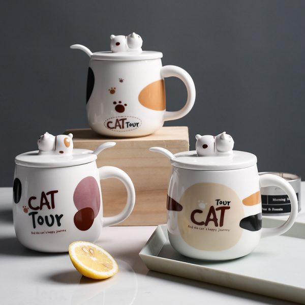 Cartoon Ceramic Cat Mug With Lid And Spoon Simple Creative Cute Girl Coffee Milk
