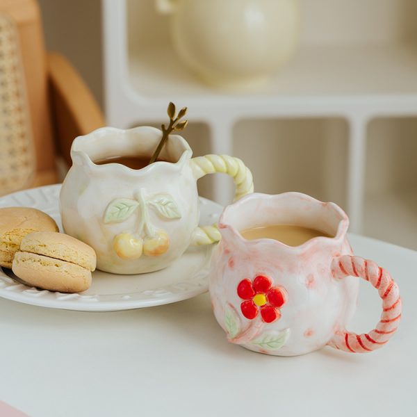 Hand Painted Embossed Flower Ceramic Mug
