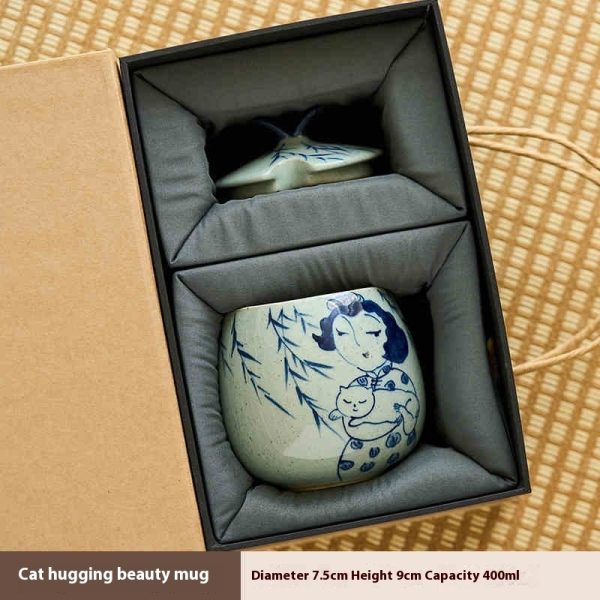 Hand Painted Blue And White Underglaze Mug With Lid