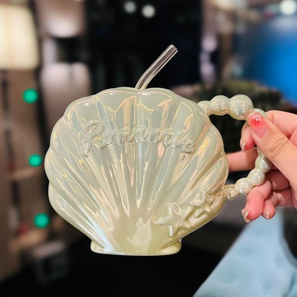 Good-looking Pearl Shell Ceramic Cup For Girlfriend High-grade Straw Mug