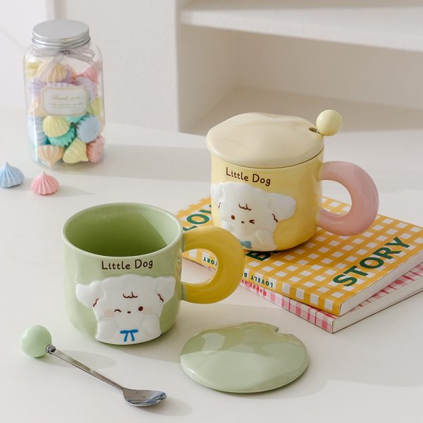 Puppy Mug With Cover Spoon Cute Good-looking Couple