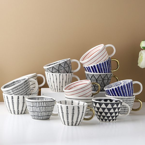 Japanese Geometric Hand-pinched Irregular Wide-mouth Ceramic Mug