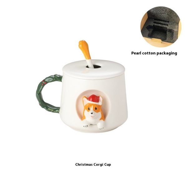 Ceramic Creative Cute Christmas Style Corgi Mug With Cover Spoon
