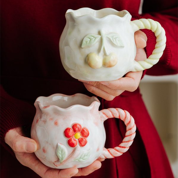Hand Painted Embossed Flower Ceramic Mug