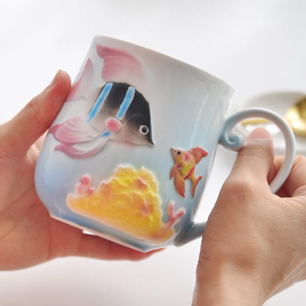 Creative Animal Cute Fish Enamel Porcelain Lid Mug