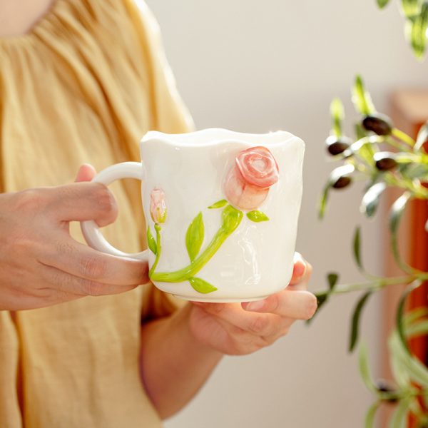 Design Three-dimensional Rose Relief Ceramic Water Cup Ins Ceramic Mug