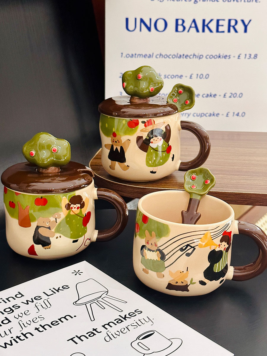 Adorable Ceramic Apple Tree Girl Mug with Lid and Spoon - Artistic High-Value Coffee Cup for Home and Office Use