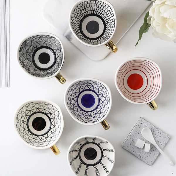 Japanese Geometric Hand-pinched Irregular Wide-mouth Ceramic Mug