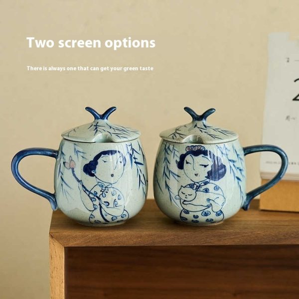 Hand Painted Blue And White Underglaze Mug With Lid