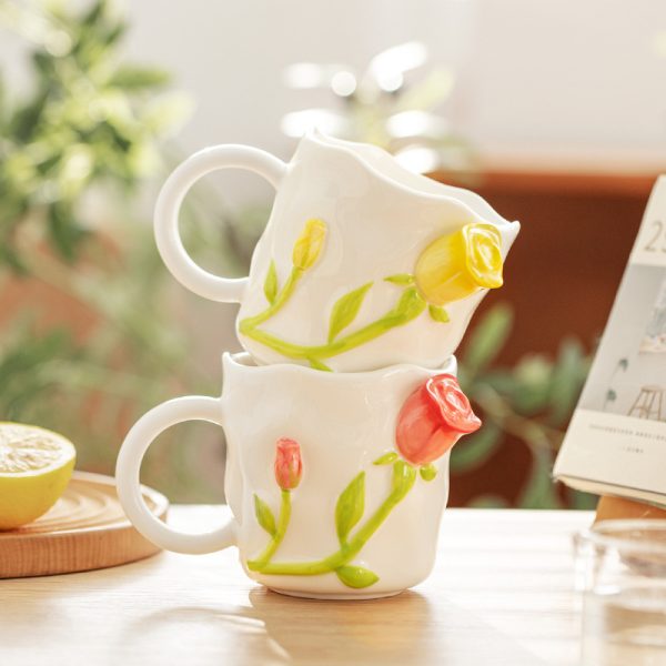 Design Three-dimensional Rose Relief Ceramic Water Cup Ins Ceramic Mug