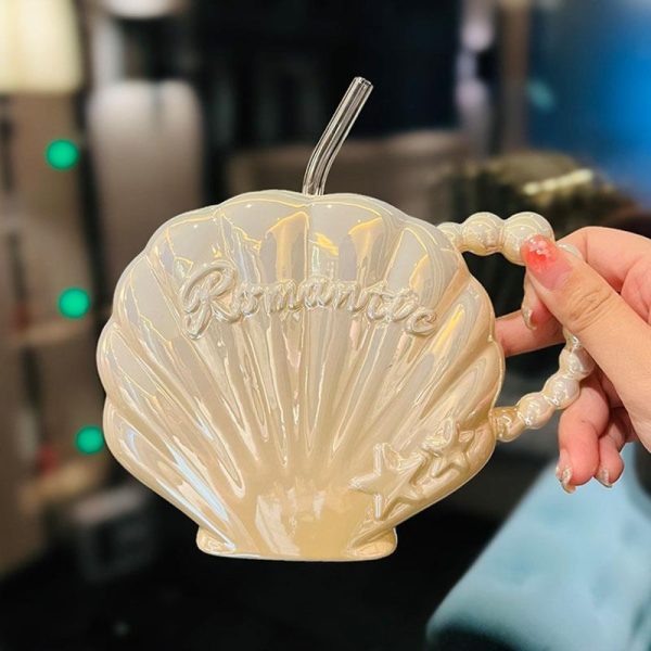Good-looking Pearl Shell Ceramic Cup For Girlfriend High-grade Straw Mug