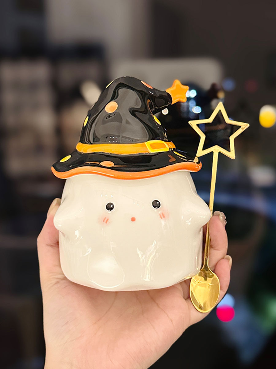 Charming Ceramic Graduation Mug for Girls, Stylish Ghost Design with Lid, Perfect Birthday Party Favor