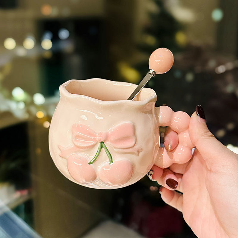 Charming Cherry Ceramic Mug with Underglaze Color, Embossed 3D Design – Unique Water Cup for Birthdays and Special Occasions