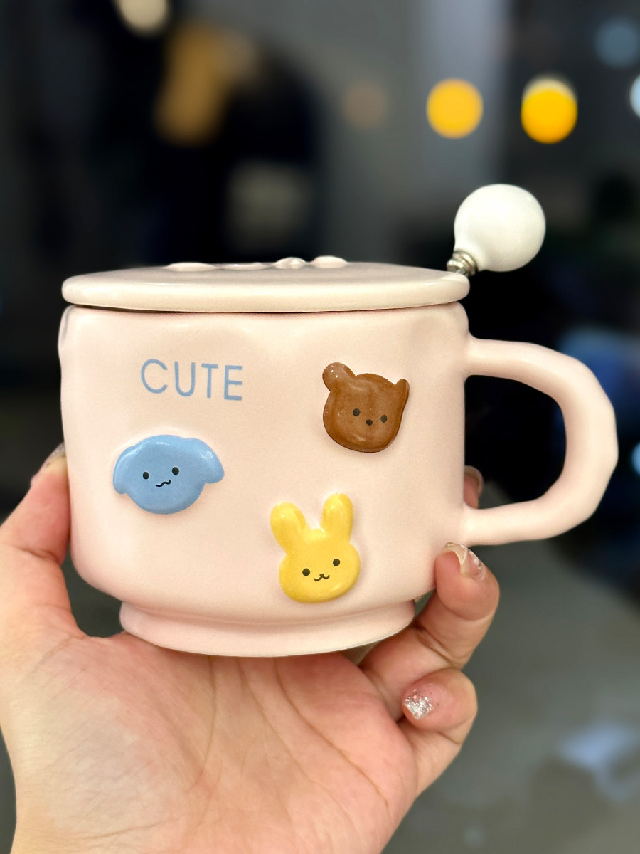 Charming Handcrafted Ceramic Animal Mug with Lid and Spoon - Cute Water Cup for Girls, Perfect for Breakfast and Milk