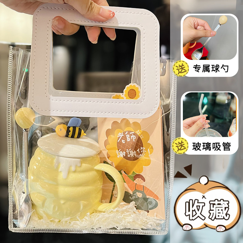 Cute Bee Ceramic Mug with Lid and Spoon – Perfect Breakfast Mug for Girls, Best Friend Birthday Gift, Water and Coffee Cup