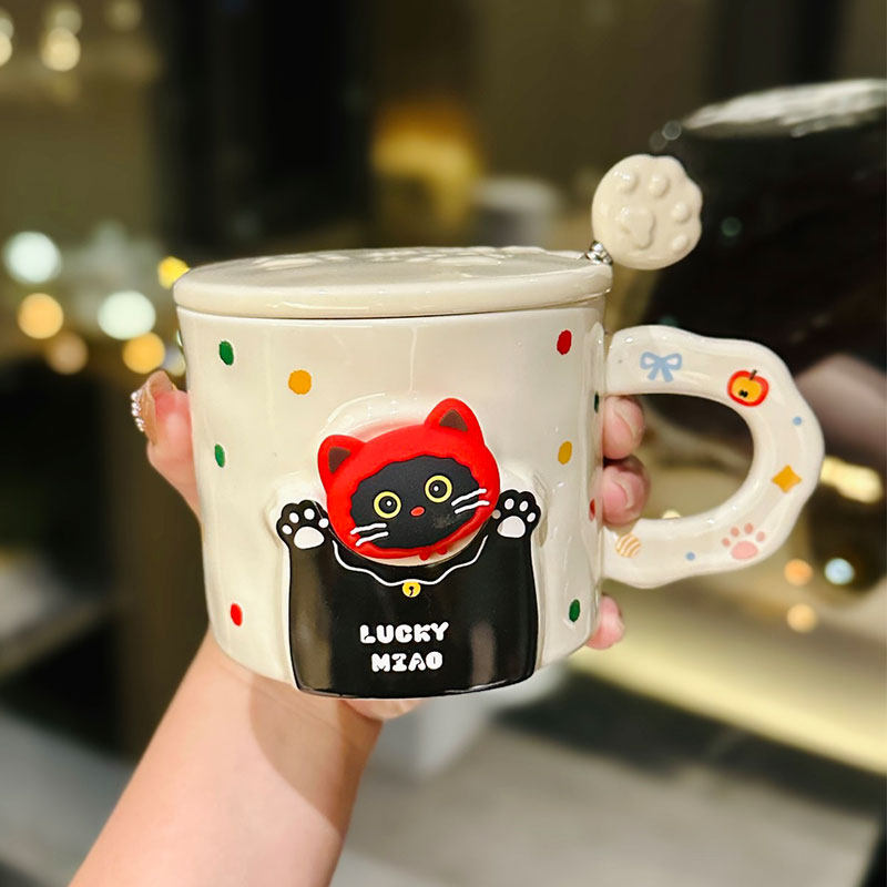 Cute Cat Ceramic Mug with Lid and Spoon â€“ Adorable Water Cup for Girls, Perfect Birthday Gift & Party Favor