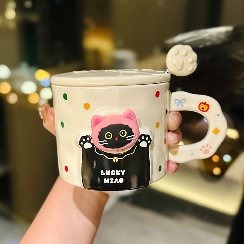 Cute Cat Ceramic Mug with Lid and Spoon â€“ Adorable Water Cup for Girls, Perfect Birthday Gift & Party Favor