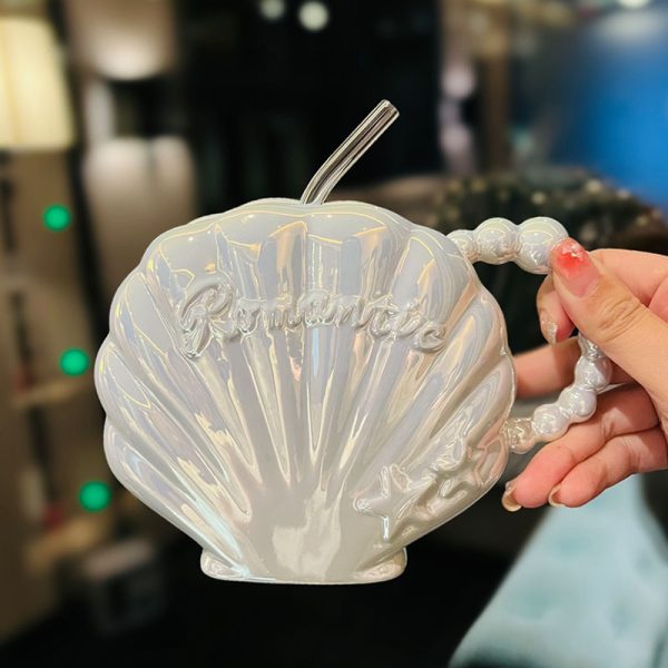 Good-looking Pearl Shell Ceramic Cup For Girlfriend High-grade Straw Mug