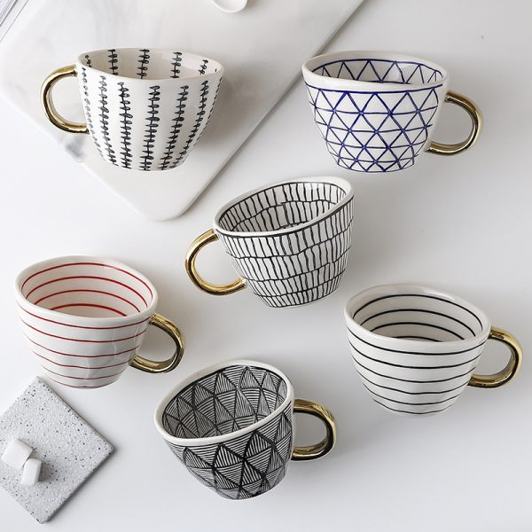 Japanese Geometric Hand-pinched Irregular Wide-mouth Ceramic Mug