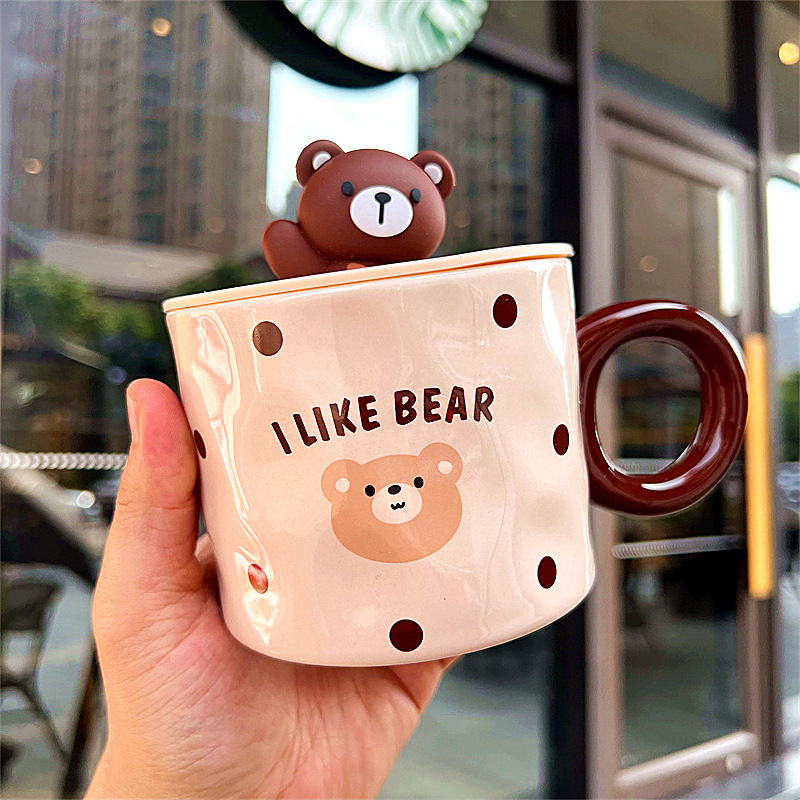 Mug With Lid Couple Little Bear Ceramic Water Cup Girls Creative Breakfast Cup