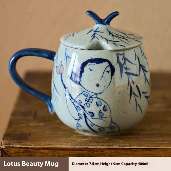 Hand Painted Blue And White Underglaze Mug With Lid
