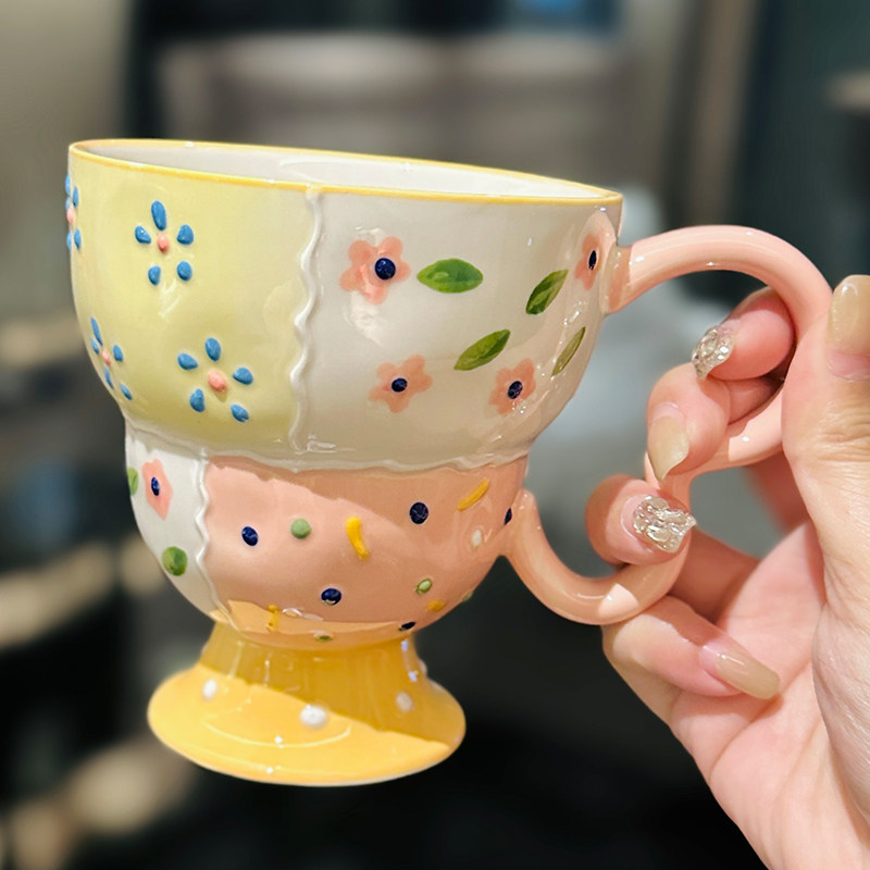 Exquisite Underglaze Ceramic Water Cup for Girls - Cute High-Footed Wide-Mouth Breakfast Coffee Mug