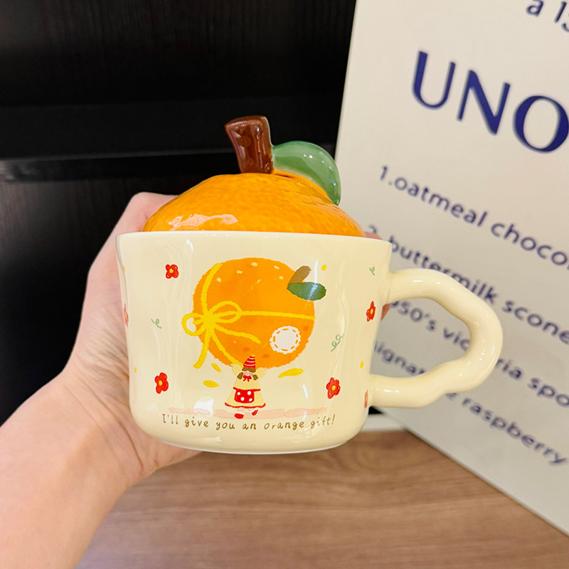 High Aesthetic Orange Ceramic Mug with Lid and Spoon – Perfect Birthday and Graduation Gift for Girls