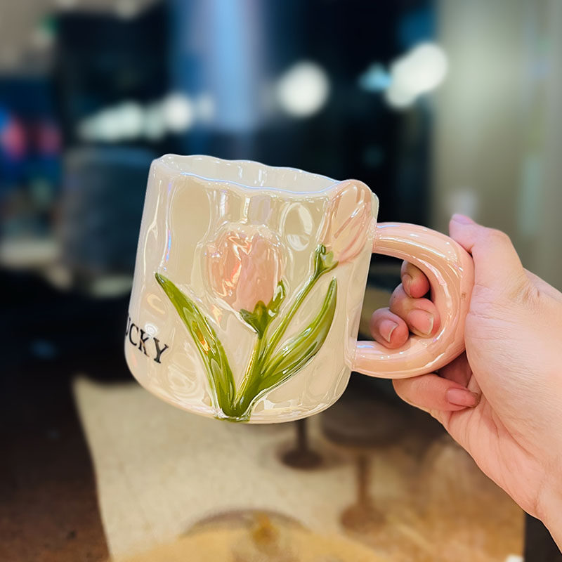 High-Quality Tulip Ceramic Coffee Mug - Ins Style Fresh Water Cup, Perfect Gift for Girl's Birthday