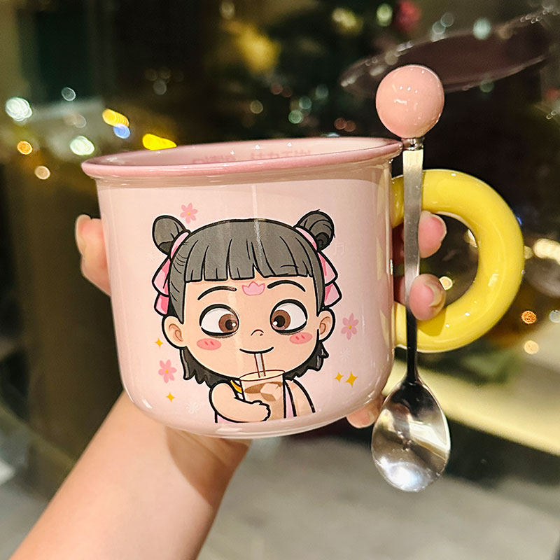 Nezha Magic Child Ceramic Mug with Lid - Cute Girls Coffee Cup for Birthdays, Perfect Gift for 2025