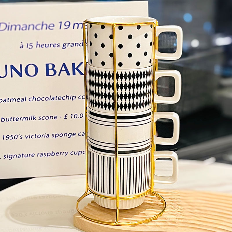 Retro Black and White Ceramic Hepburn Stacking Mug Set with Holder - Vintage Home Drinkware, Perfect for Kitchen Decor