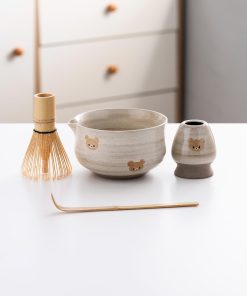 Bear Ceramic Matcha Bowl Set with Bamboo Whisk, 450ml Starter Kit