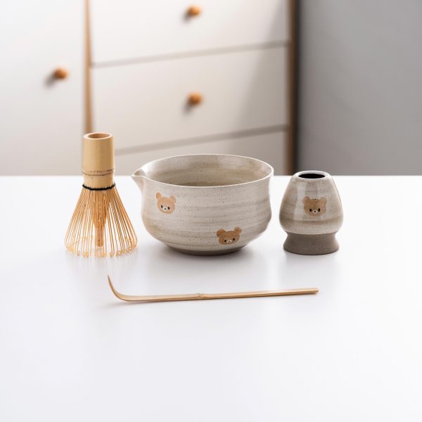 Bear Ceramic Matcha Bowl Set with Bamboo Whisk, 450ml Starter Kit