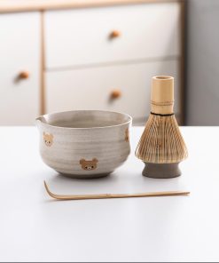 Bear Ceramic Matcha Bowl Set with Bamboo Whisk, 450ml Starter Kit
