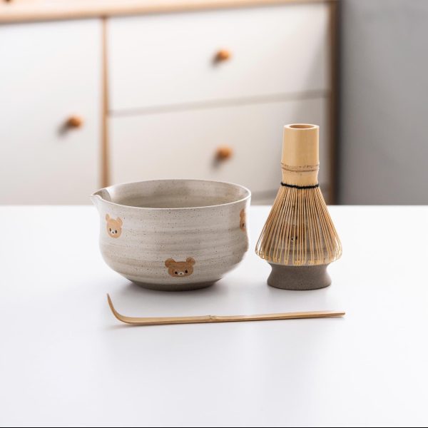 Bear Ceramic Matcha Bowl Set with Bamboo Whisk, 450ml Starter Kit