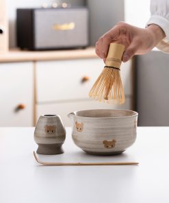 Bear Ceramic Matcha Bowl Set with Bamboo Whisk, 450ml Starter Kit