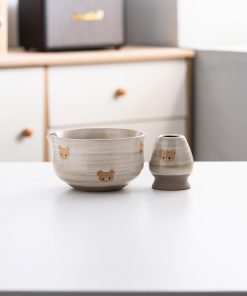Bear Ceramic Matcha Bowl Set with Bamboo Whisk, 450ml Starter Kit