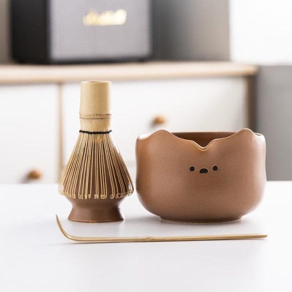 Bear Ceramic Matcha Bowl Set with Bamboo Whisk, 600ml Starter Kit